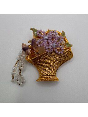 Vintage Gold Tone Flower Basket Brooch Glass Seed Bead Enamel Floral Pin